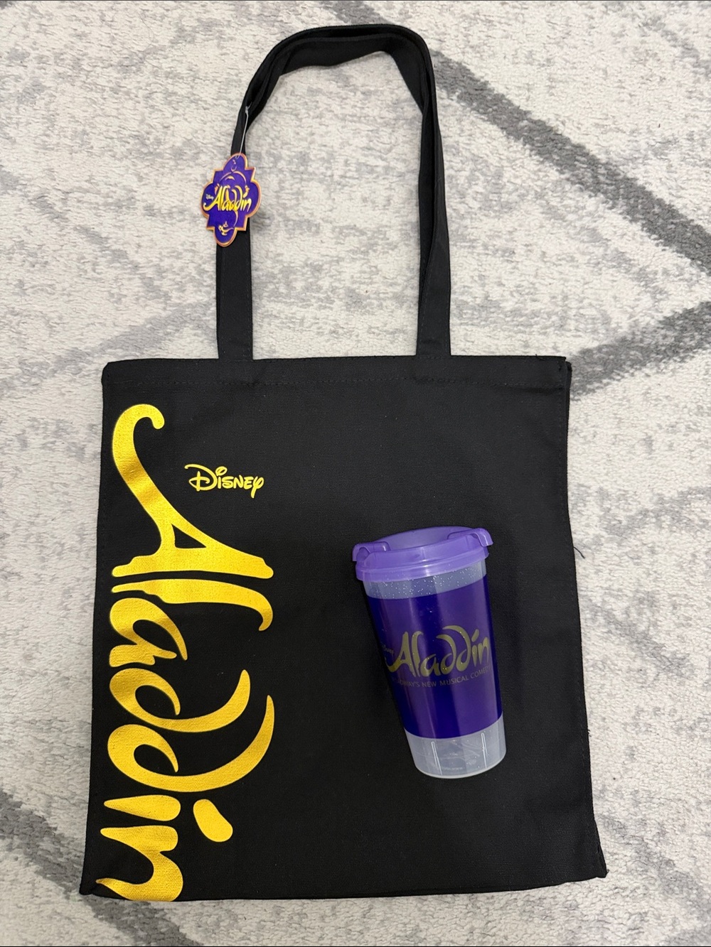 Disney Aladdin on Broadway Black Gold Tote Bag NWT and Purple Cup with Cover Lid